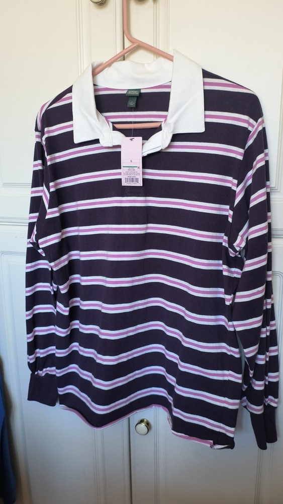 NWT Wild Fable Women's Small Purple Pink White Striped Long Sleeve Polo (W3