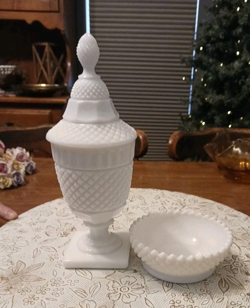 Vintage Westmoreland Diamond Cut Lidded Candy Dish and Bowl Set of 2 Pieces