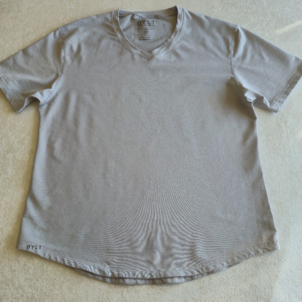 BYLT Men’s LUX V-Neck T-Shirt Gray Drop-Cut Short Sleeve Size L