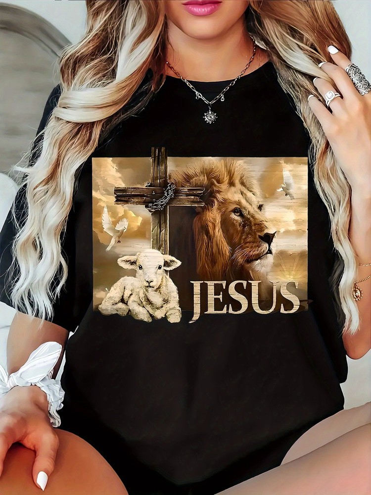 Women‘s Lion and Lamb Jesus Christian Graphic T-Shirt Faith Casual Tee
