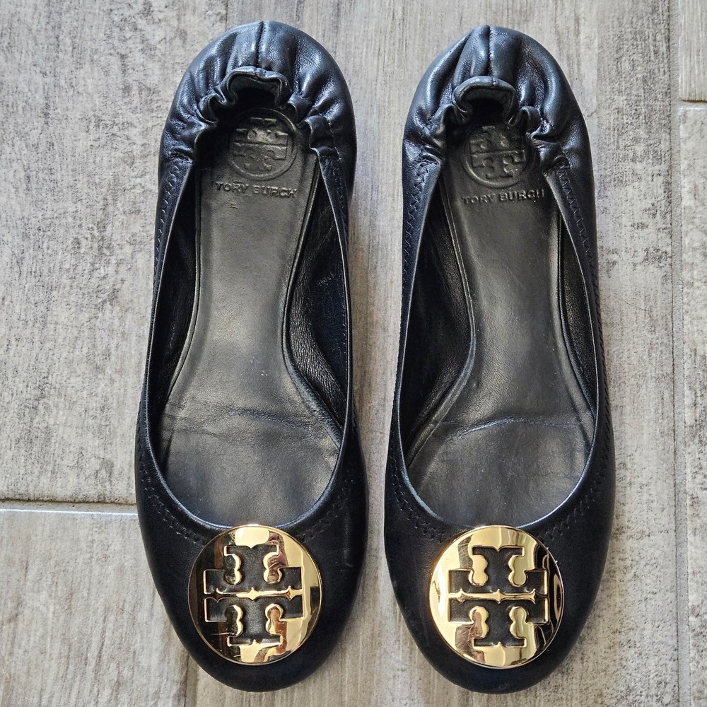 Tory Burch Reva Flats Black Leather Gold Logo Women’s Size 7.5 Classic Timeless