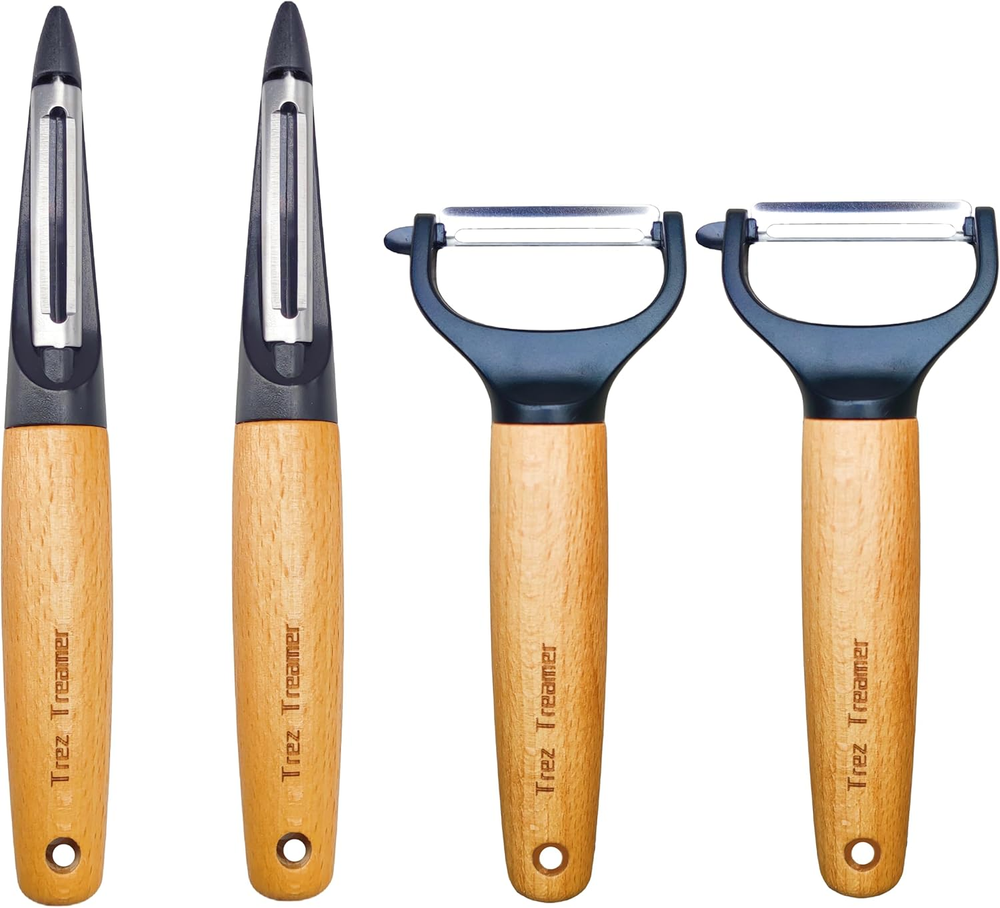 4 Pack Vegetable Peelers for Kitchen, Y Wooden Potato Peeler Set for Apple Cucum