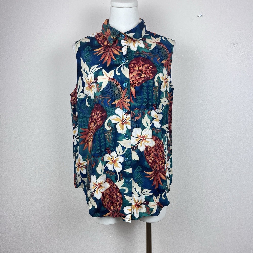 Vintage Hilo Hattie Shirt Womens Large Hawaiian Floral Tropical Travel  USA 90s