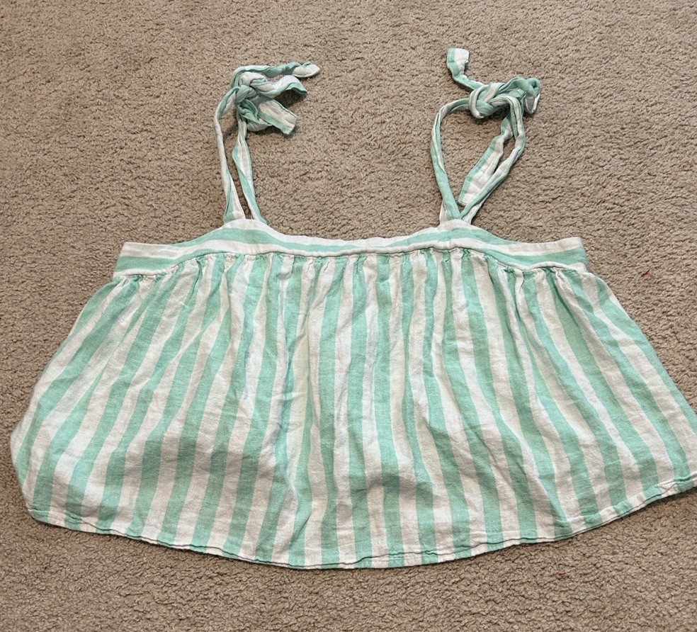 Stoney Clover Top Womens X-Large Linen Smocked Halter Tank Mint Green Stripe XL