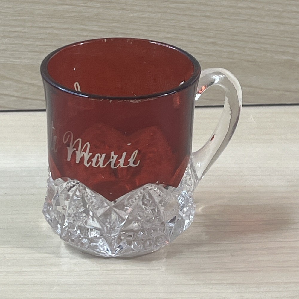 Antique Ruby Red Flash Glass Souvenir Sault Ste Marie Small Mug