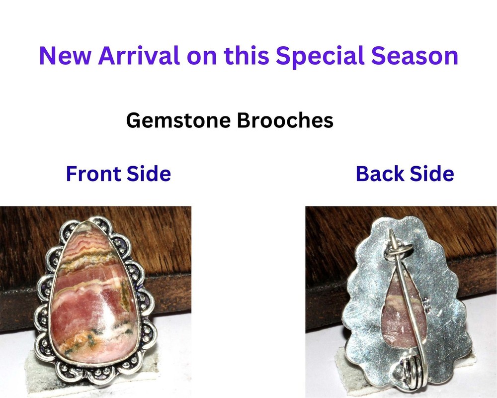 Exclusive Rhodochrosite 925 Silver Plated Gemstone Brooches Pins 1.3