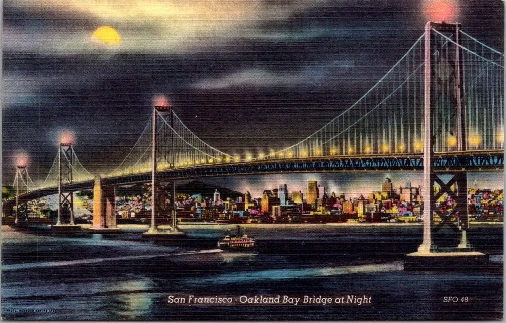 San Francisco-Oakland Bay Bridge at Night Vintage Postcard Smith News