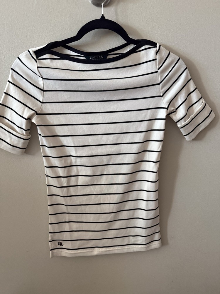 Lauren Ralph Lauren Women's Striped White Black Boat Neck Knit Top XS