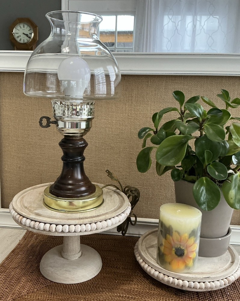 Vtg Accurate Victorian Hurricane Wood Table Lamp-image
