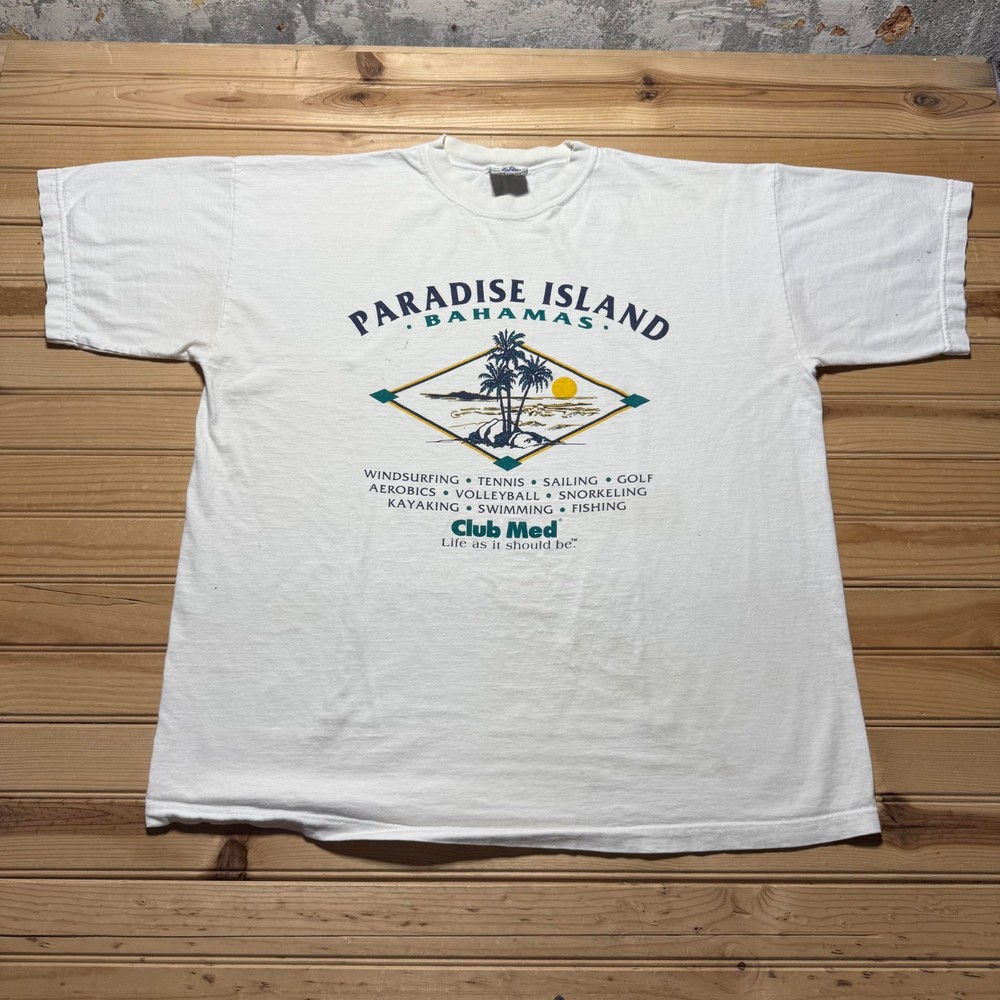 Vintage 90s Paradise Island Bahamas Club Med Beach Surf Tropical T-Shirt USA XL