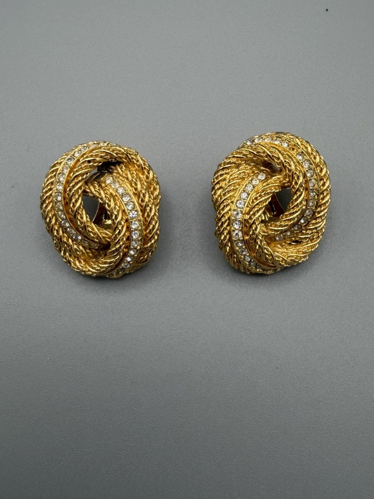 Vintage Christian Dior Clip On Earrings Gold Tone w/Rhinestones Twist Rope Knot