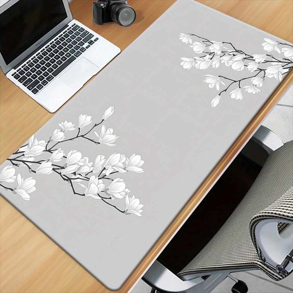 40*90cm1pc White Floral Pattern on Grey XXL Gaming Mouse Pad - HD Printed Desk M
