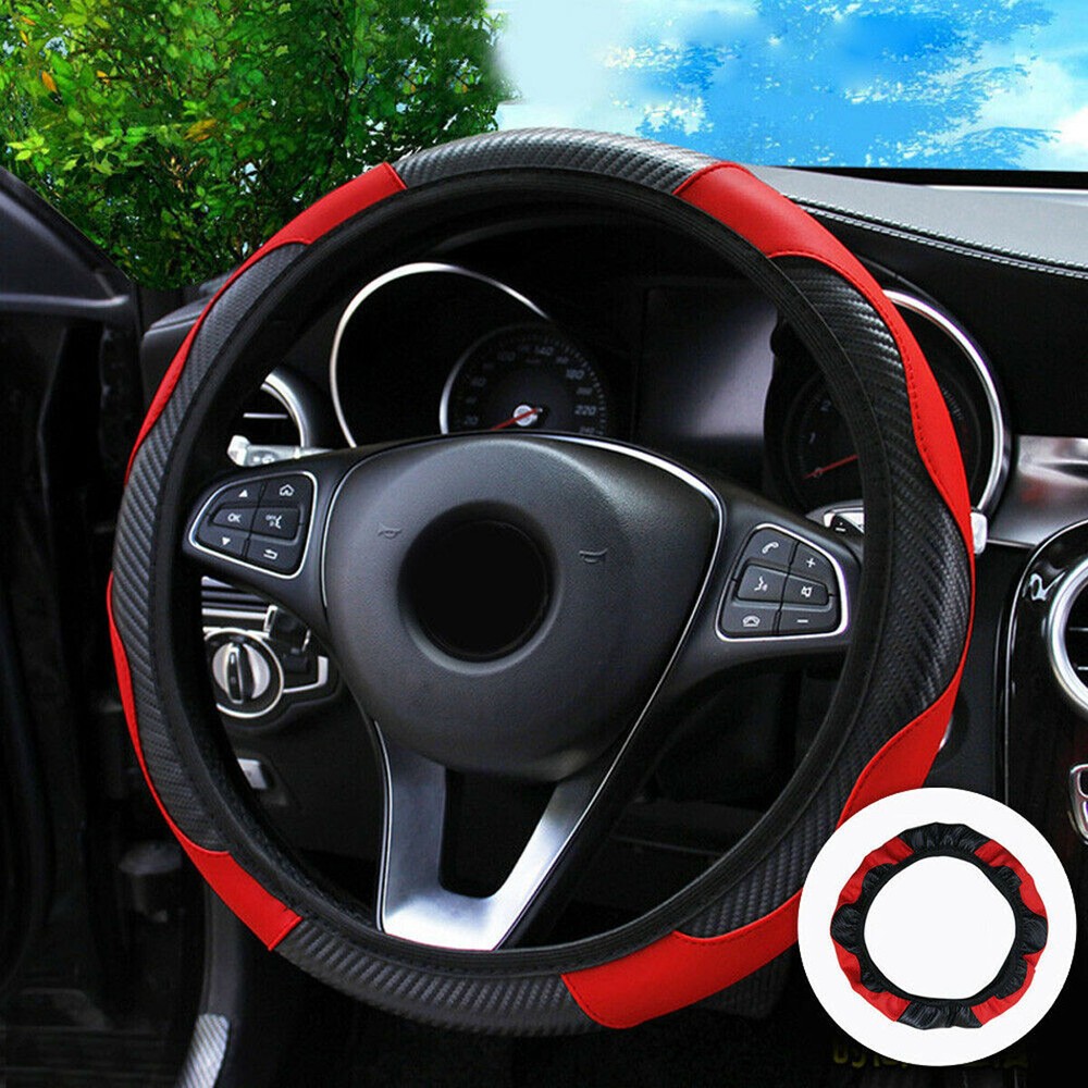 Red Leather Steering Wheel Cover Car Interior Accessory Universal For 38cm/15''
