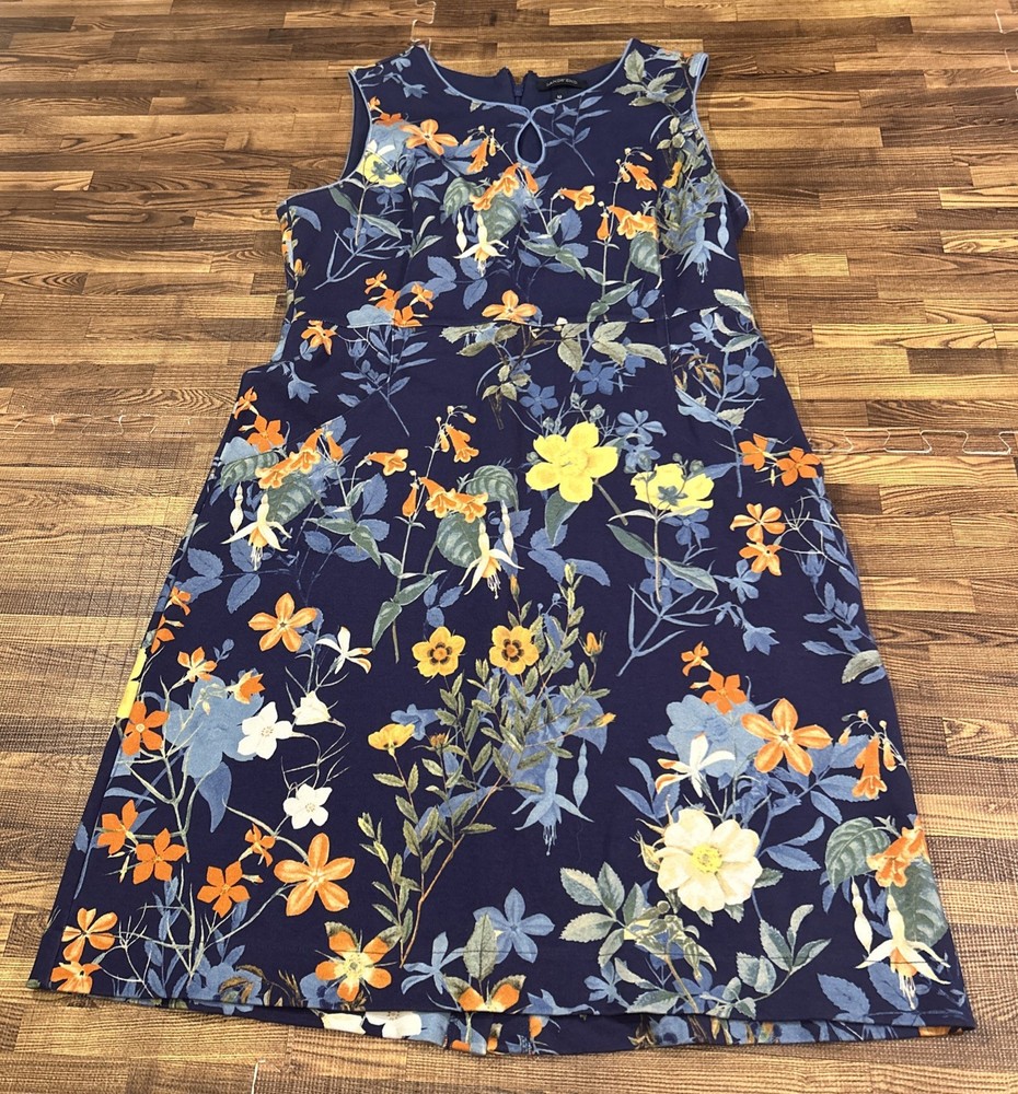 Lands' End Ponte Knit Sleeveless Sheath Dress 12 Pockets Floral Blue Keyhole