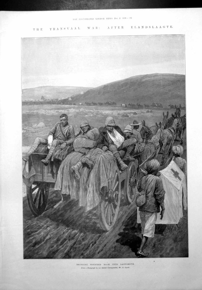 Antique 1899 Transvaal War Print Wounded Soldiers After Elandslaagte 19th Century