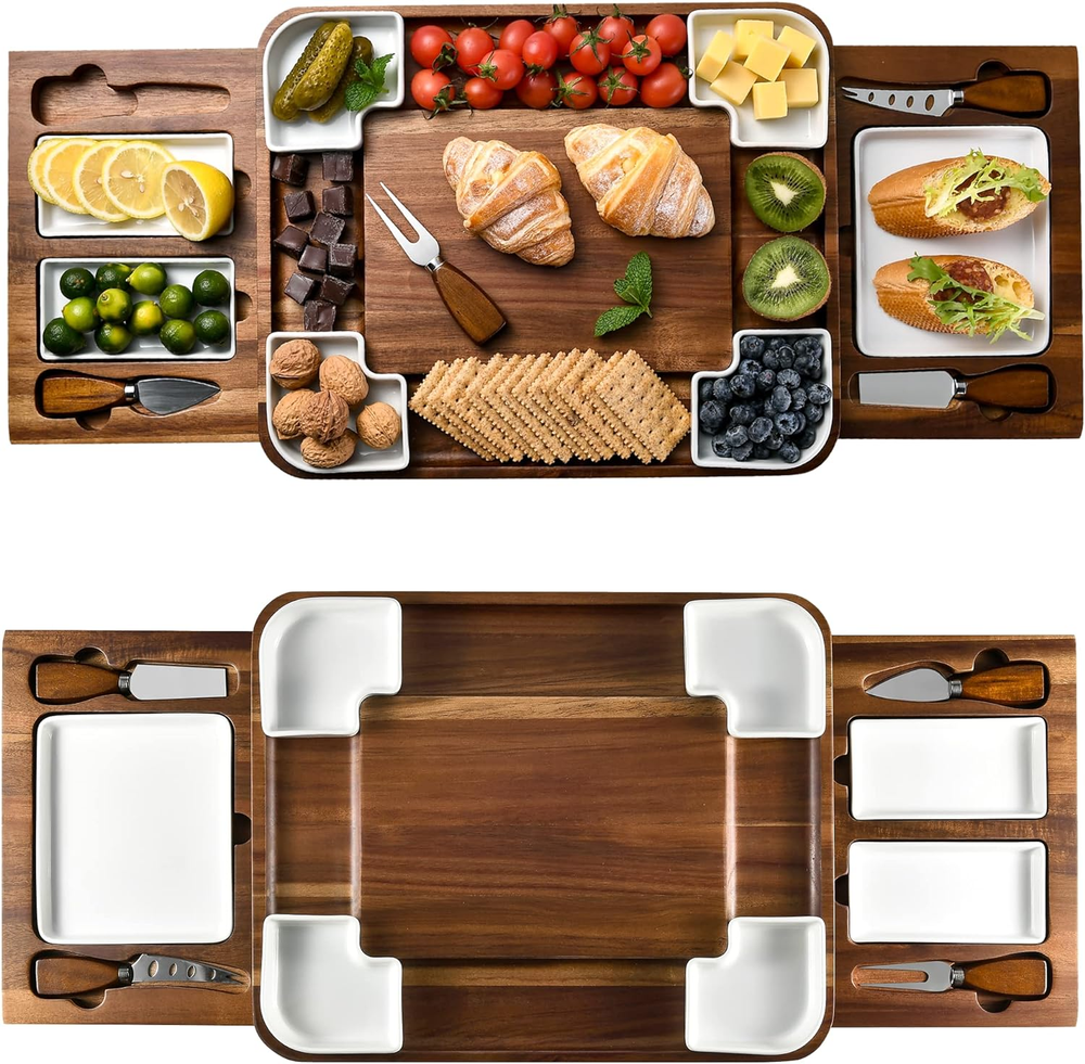 Acacia Charcuterie Cheese Board Set - Serving Platter with Knives Home Kitchen-image