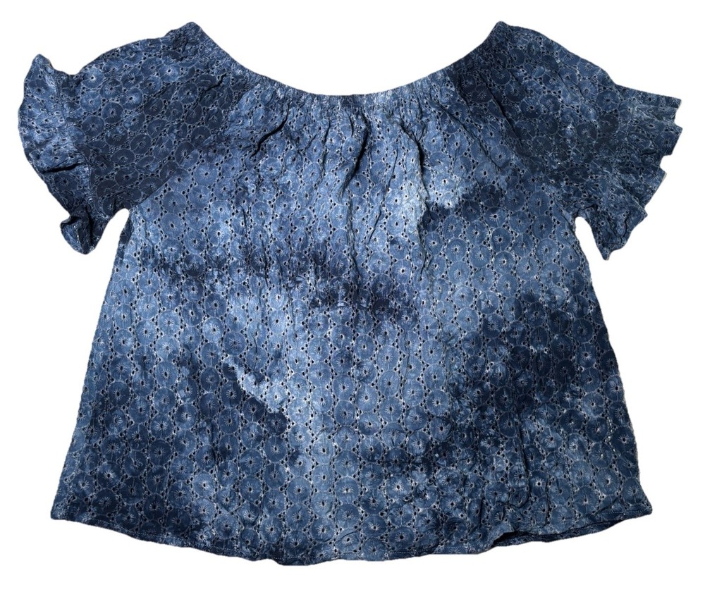 KNOX ROSE Blue Eyelet Embroidered Off Shoulder Top Size XL Tie Dye Ruffle Boho