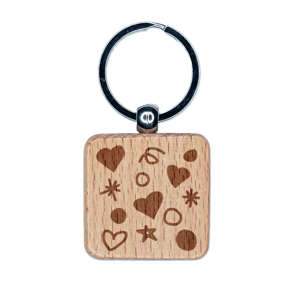 Hearts Dots Squiggles Celebration Background Engraved Wood Square Keychain