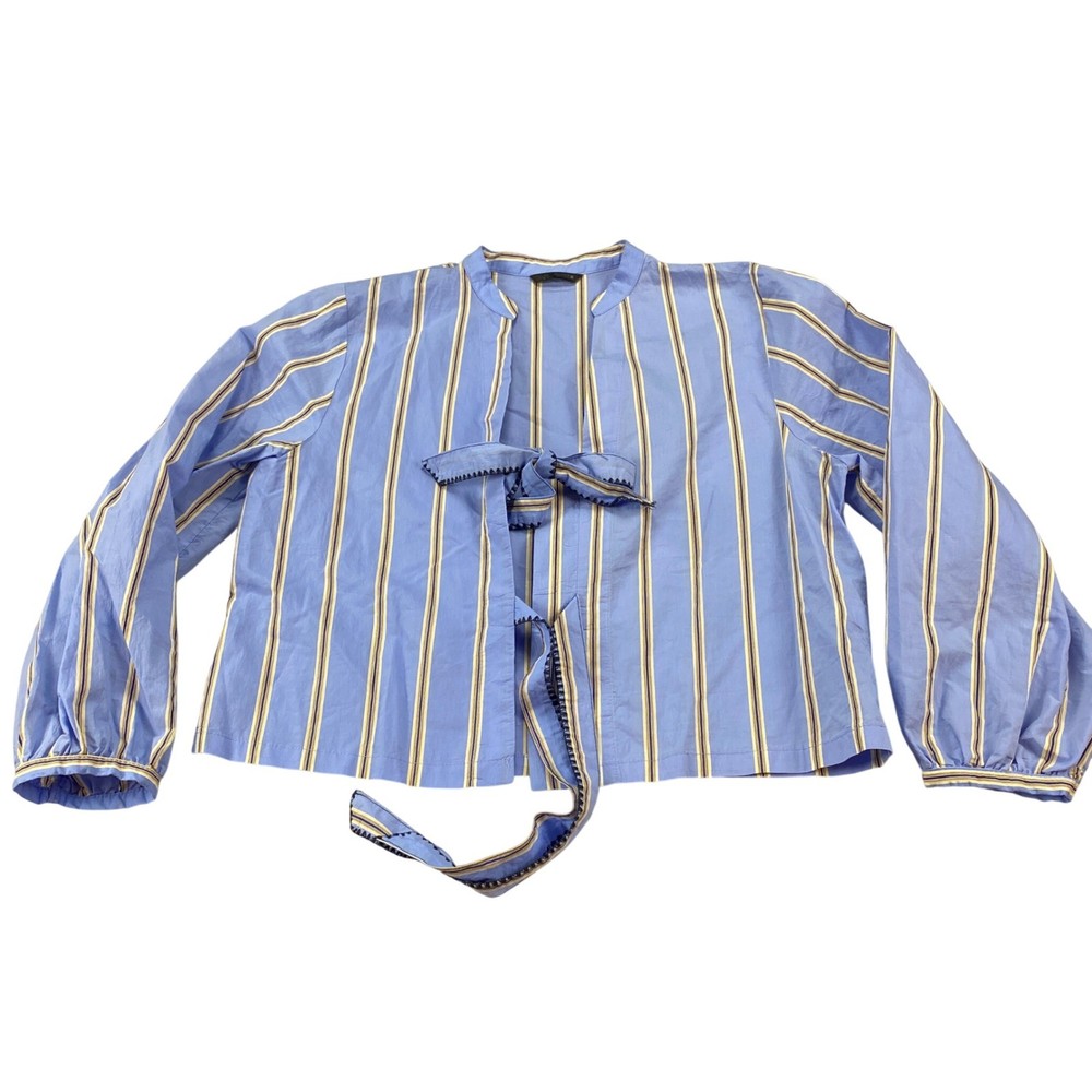 Zara Blue Striped Tie Front Blouse Balloon Sleeve Cotton Blend Top Womens Size M