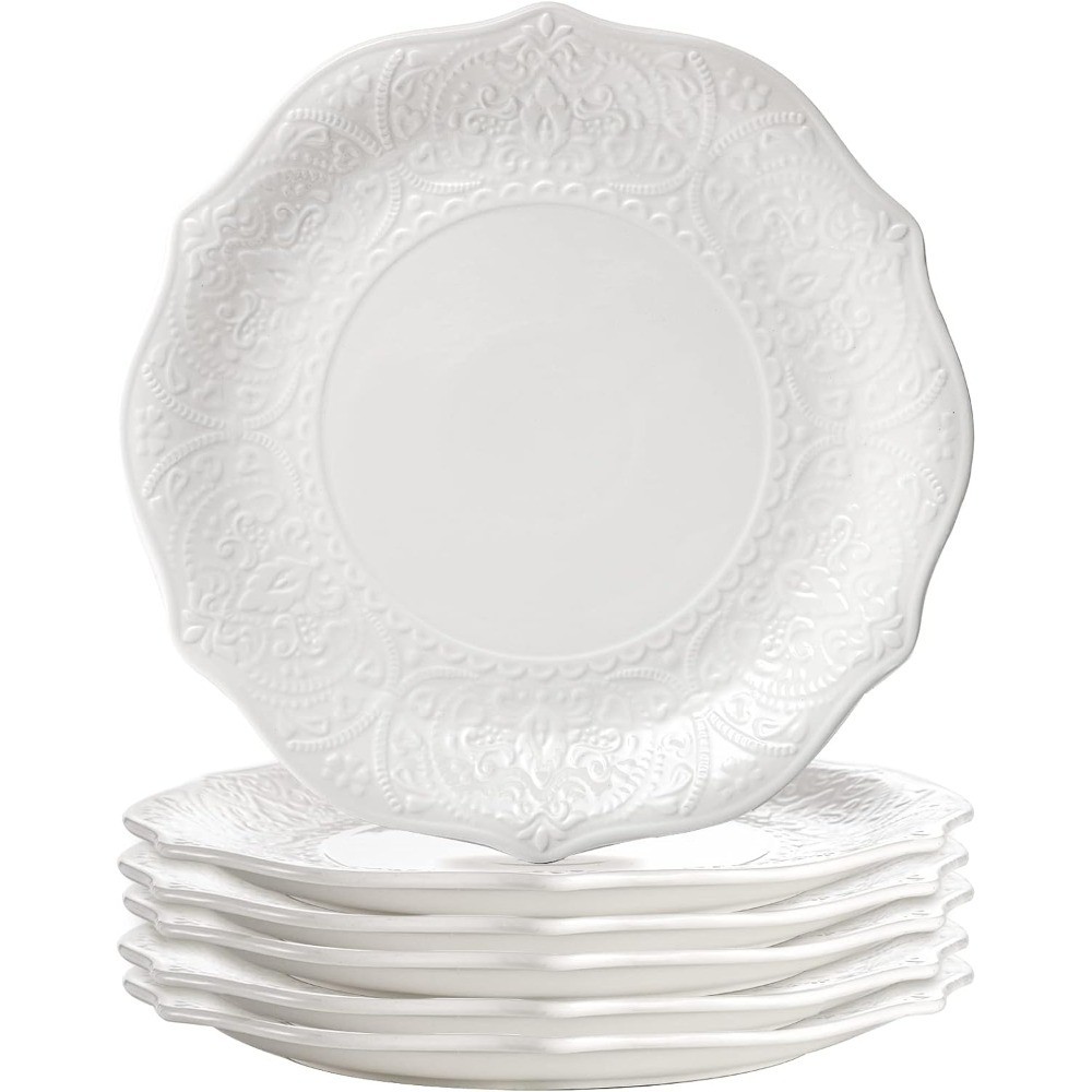 Set of 6 Porcelain Dinner Plate, 10.5'' White Dinner Dish, Embossed Printing