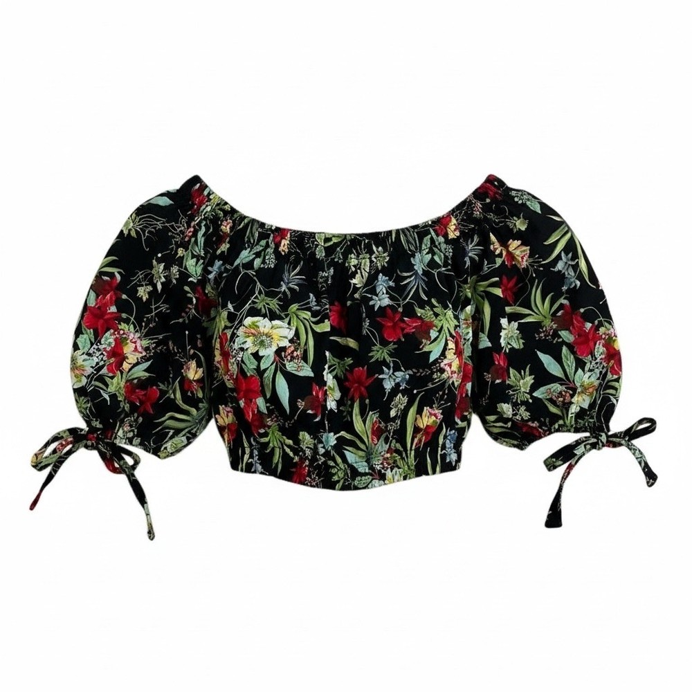 Black Floral Off Shoulder Puff Sleeve Crop Top Women's Size S Boho Festival