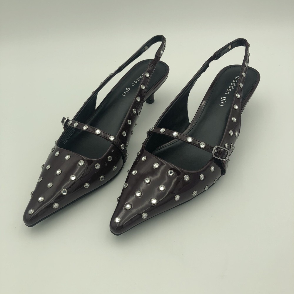 Madden Girl Burgundy Size 8 Vamp Patent Kitten Heels with Crystal Studs