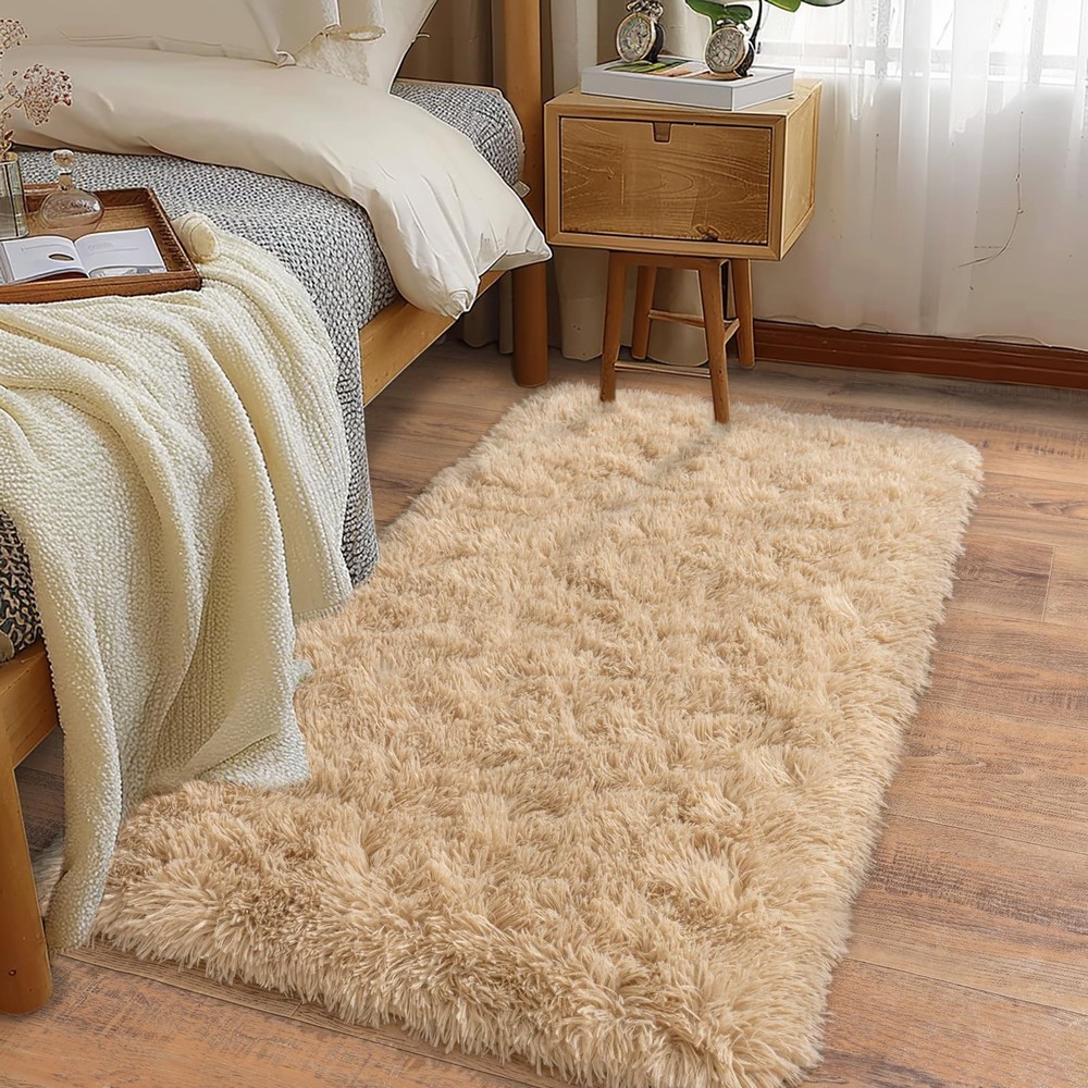 Soft Runner Rugs for Bedroom Hallways, 2x4 Beige Fluffy Shag Throw Area Rug N...