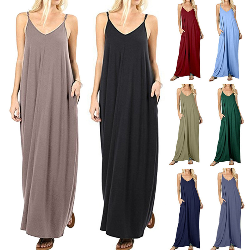 S~2XL Casual Beach V-Neck Soft Jersey Cami Long Maxi Dress With Pocket CA