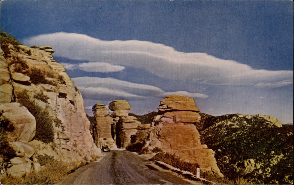 Tucson Arizona Santa Catalina Mountain rock formation 1940s car ~ postcard