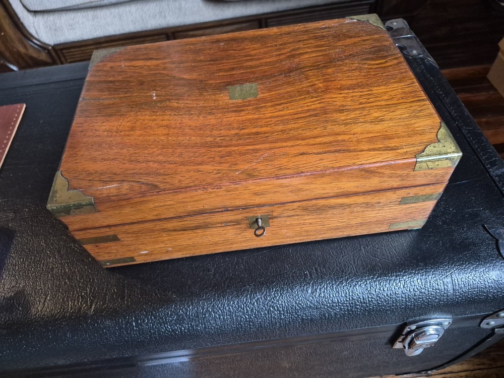 Antique English Mahogany Brass  Campaign Lap Desk. Writing Box. Genuine Early