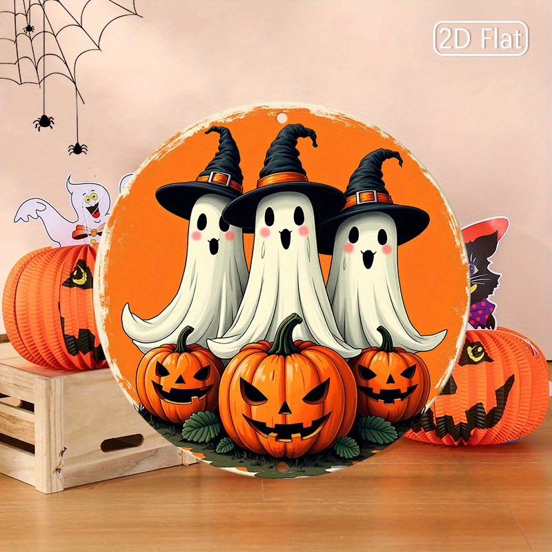Halloween Cute Ghost & Witch Hat Round Aluminum Sign