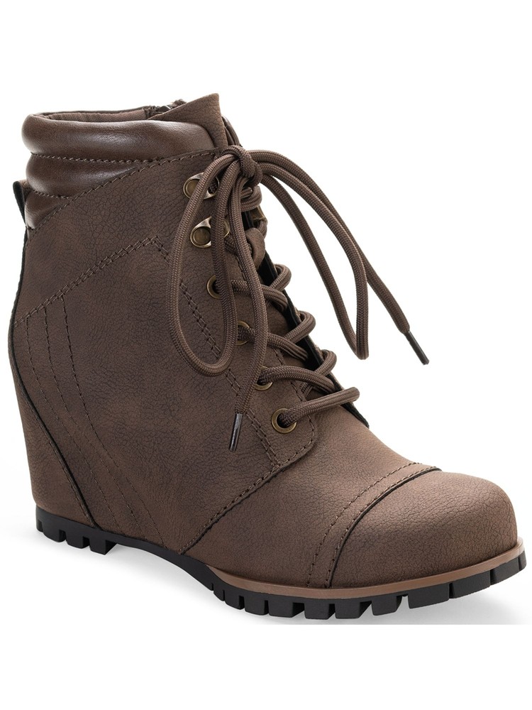 SUN STONE Womens Brown Side Zip Lug Sole Lizzie Round Toe Wedge Booties 8.5