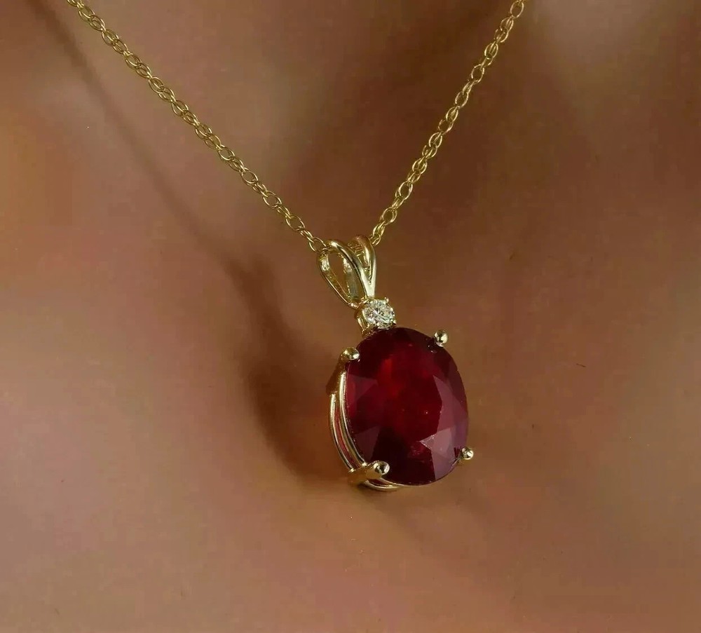 2Ct Oval Cut Red Ruby Diamond Solitaire Pendant Necklace 14K Yellow Gold Finish