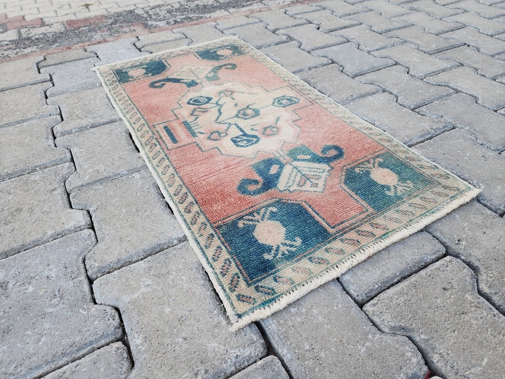 Mini Turkish Wool Rug 1.5x2.8 ft Salmon Navy Geometric Floral Design