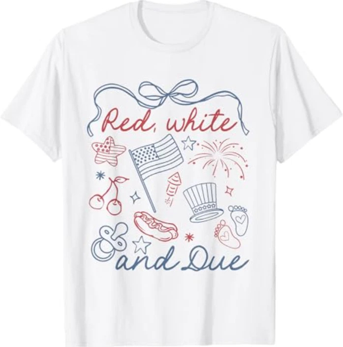 Coquette Bow Red White And Due 4th Of July Pregnancy Reveal T-Shirt
