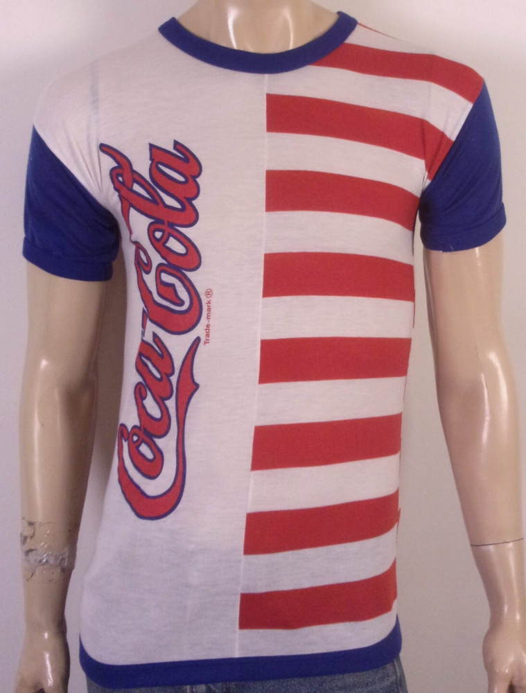 vintage 80s ReTrO Coca Cola Coke T-Shirt BUSY Striped Ringer Soft Thin SZ M