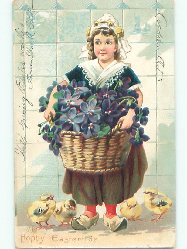 Pre-1907 easter GIRL HOLDS BASKET OF FORGET-ME-NOT FLOWERS PLUS CHICKS J1943