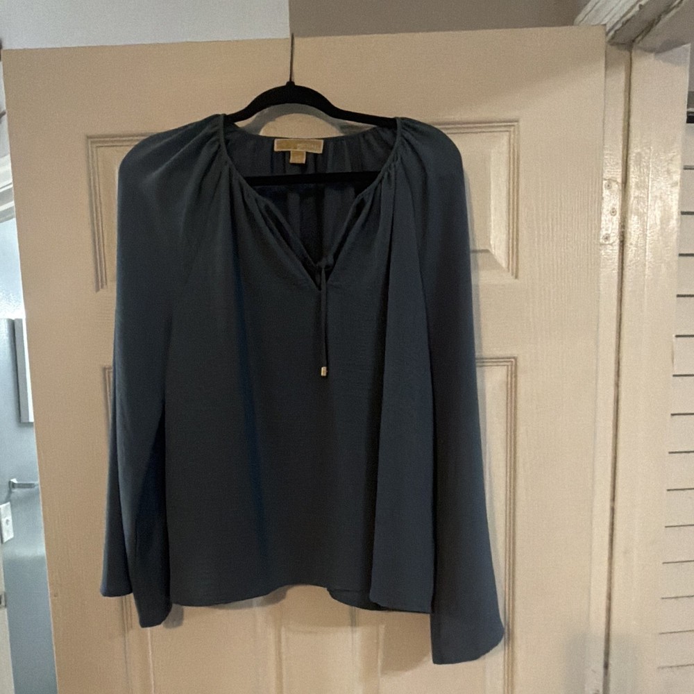 Michael Kors Women’s Size L Blue Long Sleeve Tie Neck Blouse