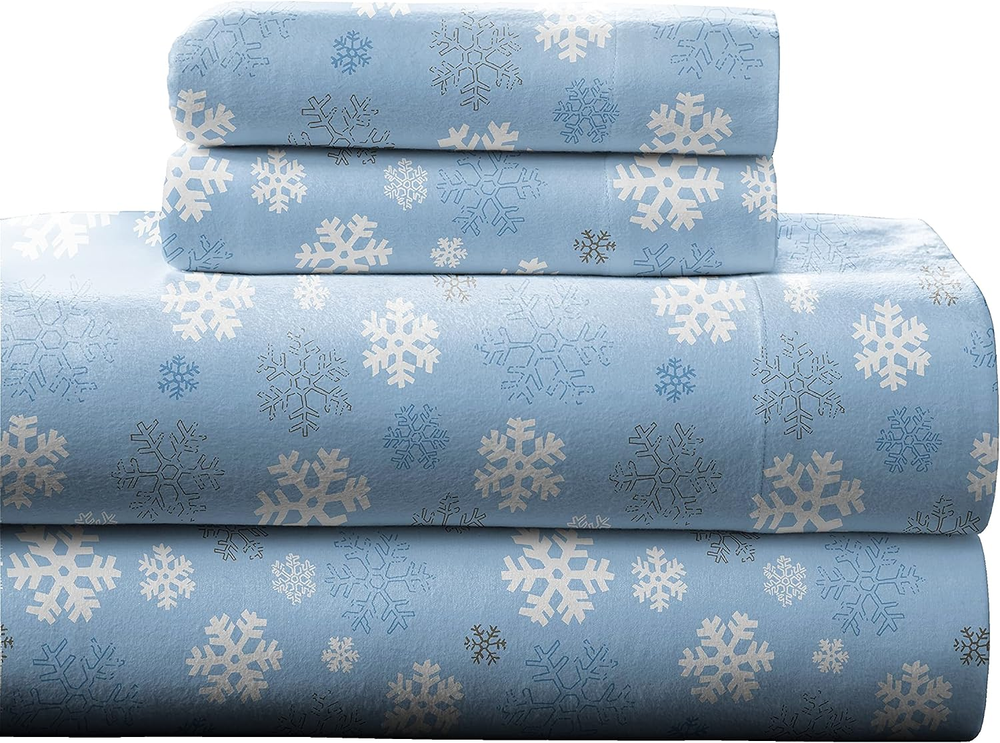Heavyweight Flannel Cotton Twin Sheet Set in Snow Flakes Blue