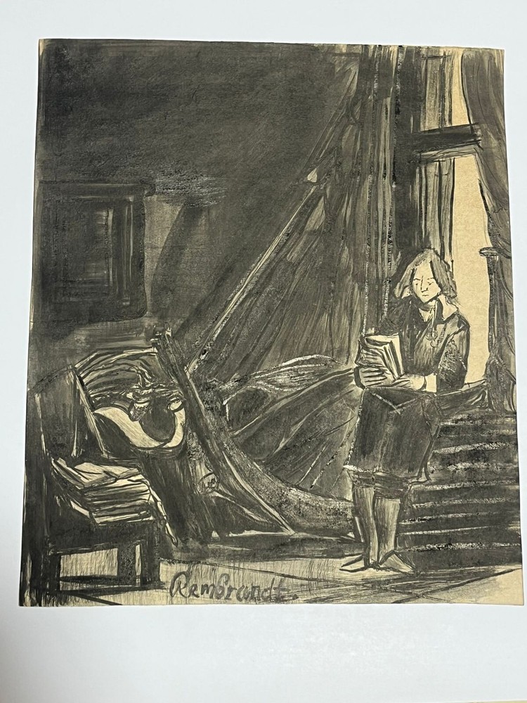 REMBRANDT drawing and painting on old paper signed stamped vintage