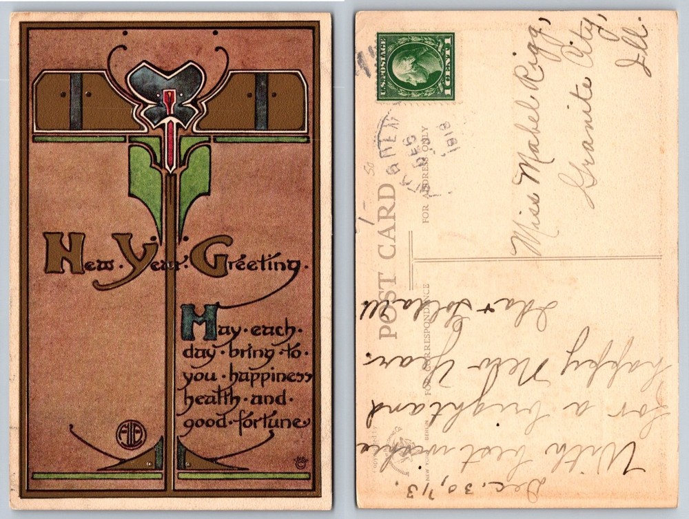 1913 New Year Greeting Postcard Art Nouveau Granite City IL Postmarked 1918