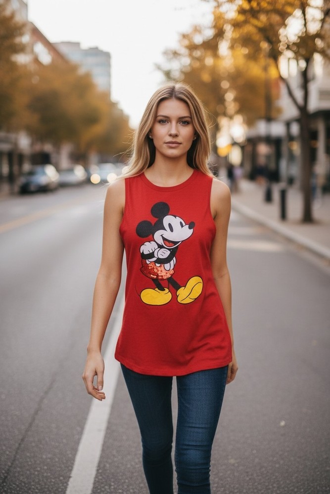 Disney Womens Red Tank Top with Mickey Mouse Graphic Sequin Accents Size XS NWT