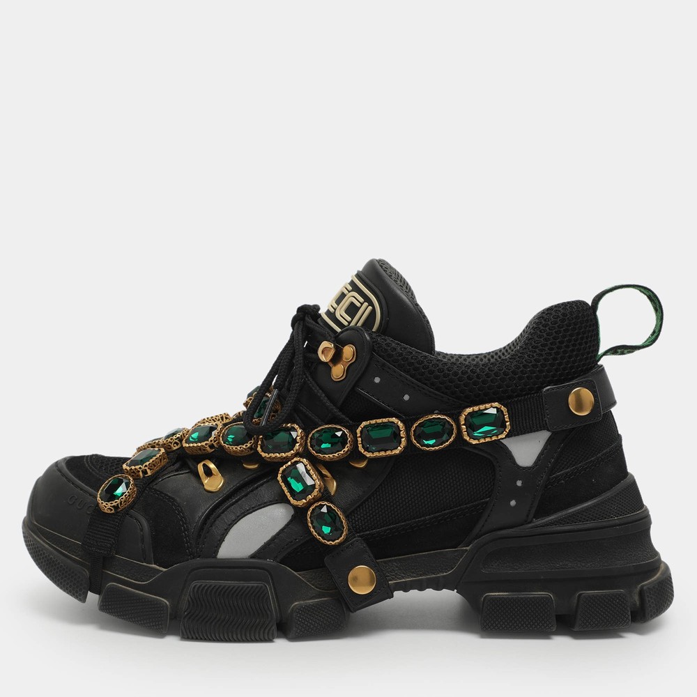 Gucci Flashtrek Size 41 Black Mesh And Leather Removable Crystals Strap Low Top