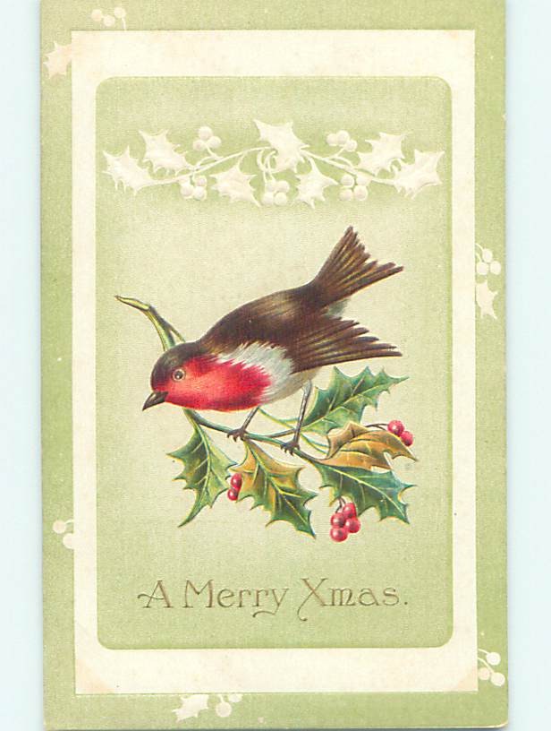 Pre-Linen christmas CUTE BIRD SITTING ON HOLLY BRANCH : make an offer hr2789