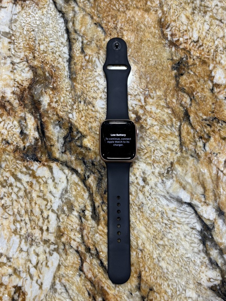 Apple Watch Series 5 44mm Rose Gold Aluminum Case with Black Sport Band - S/M &