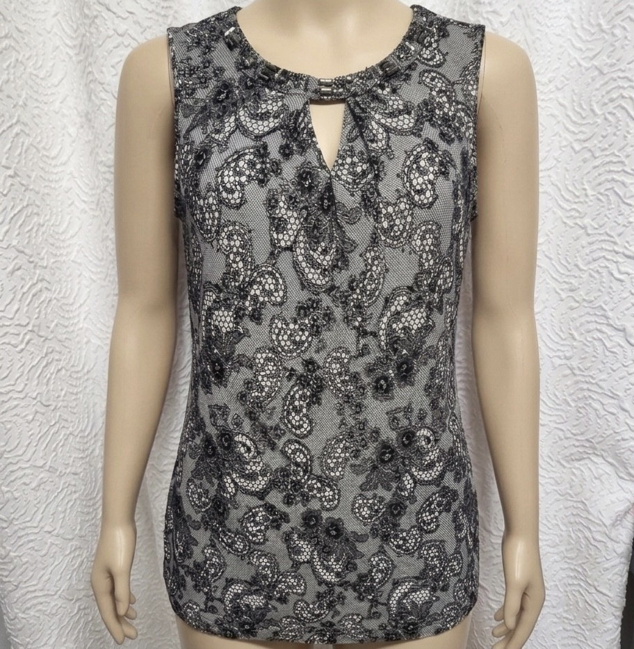 Worthington Sleeveless Lace Beaded Floral Blouse Black White Polyester Size L