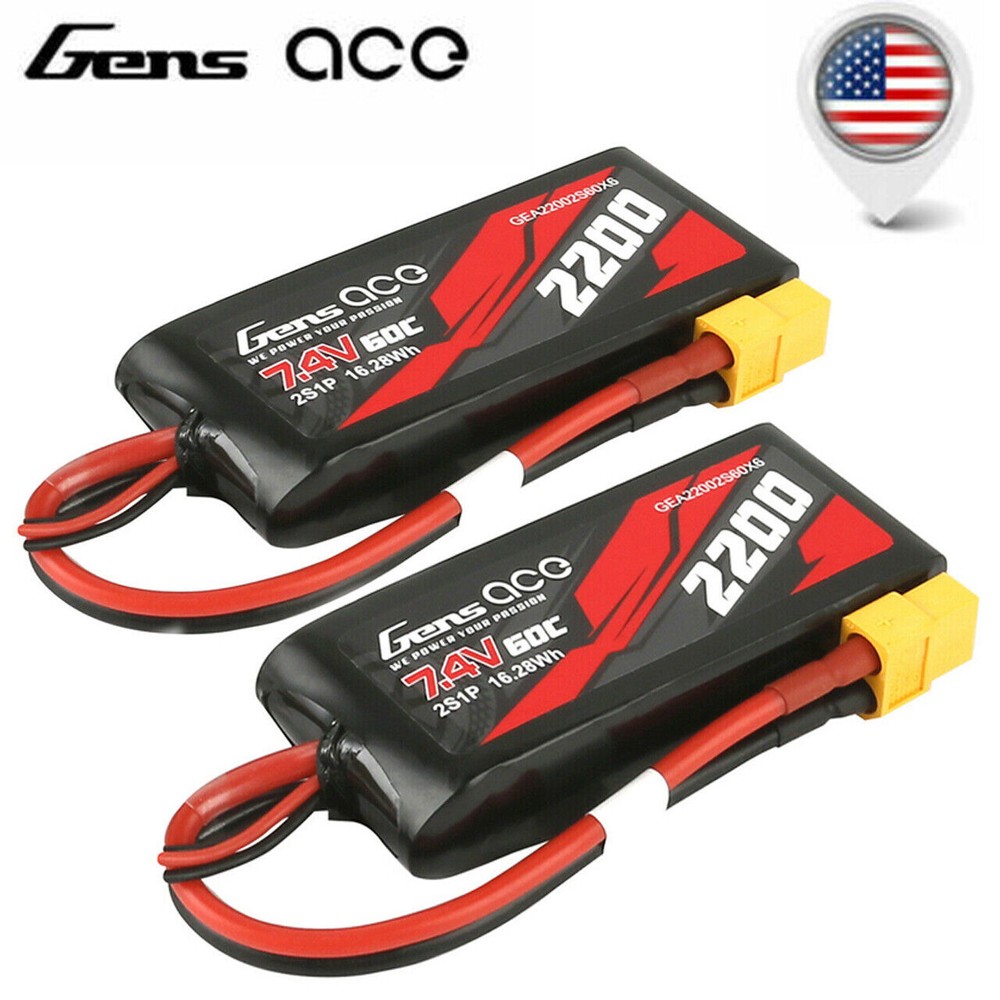 2x Gens Ace 60C 2S 7.4 V 2200mah Lipo Battery Pack With XT60 Plug : Traxxas 1/16-image
