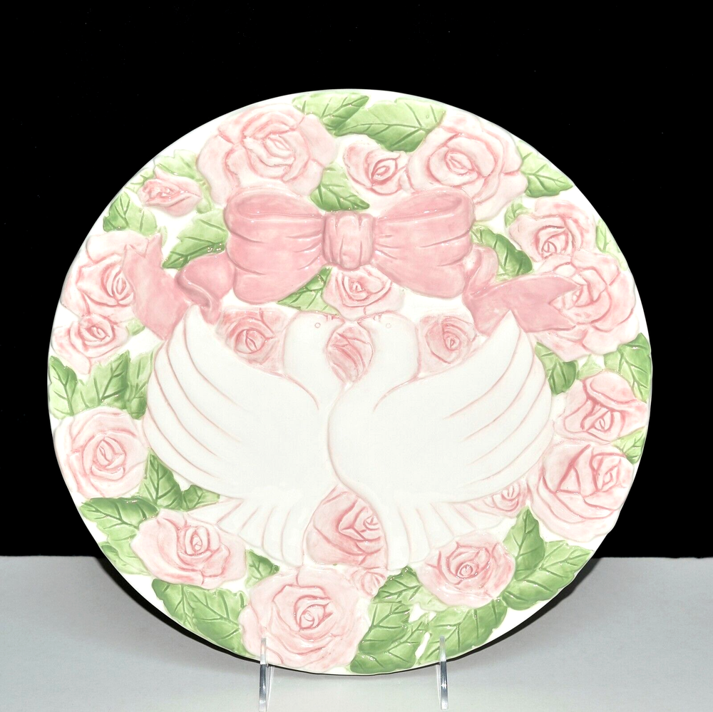 Silvestri CAKE SERVING DISPLAY PLATE White Doves Birds, Pink Roses, Easter, NEW