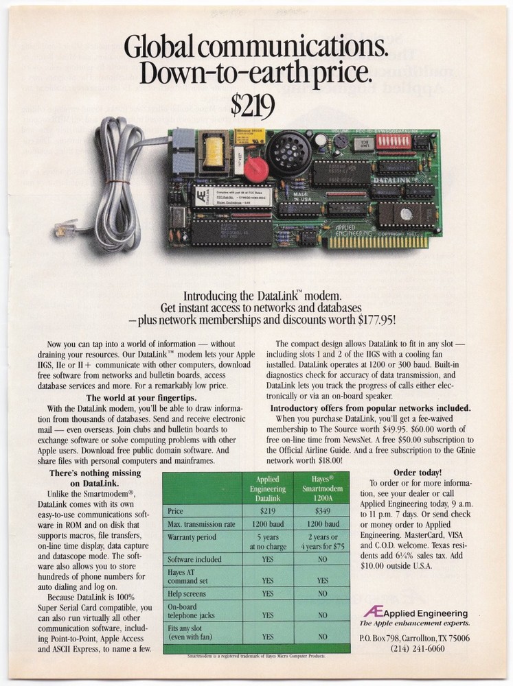 Applied Engineering Computer Ad DataLink Modem 1987 Apple II GS IIe II+
