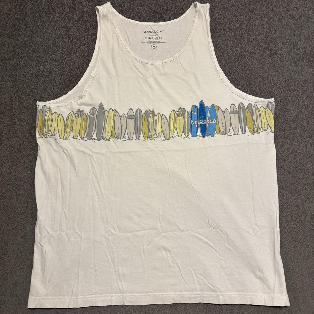 Speedo Brand Tank Top Mens Size XL White Surfer Surfboards Graphic Print Surfing